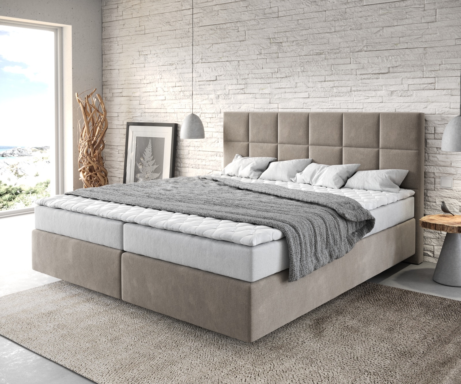 Boxspringbett Dream-Fine 180x200 cm Mikrofaser Beige mit Matratze und Topper von DELIFE