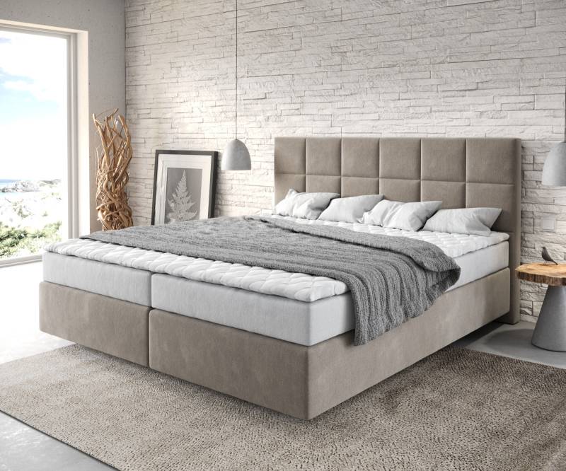 Boxspringbett Dream-Fine 180x200 cm Mikrofaser Beige mit Matratze und Topper von DELIFE