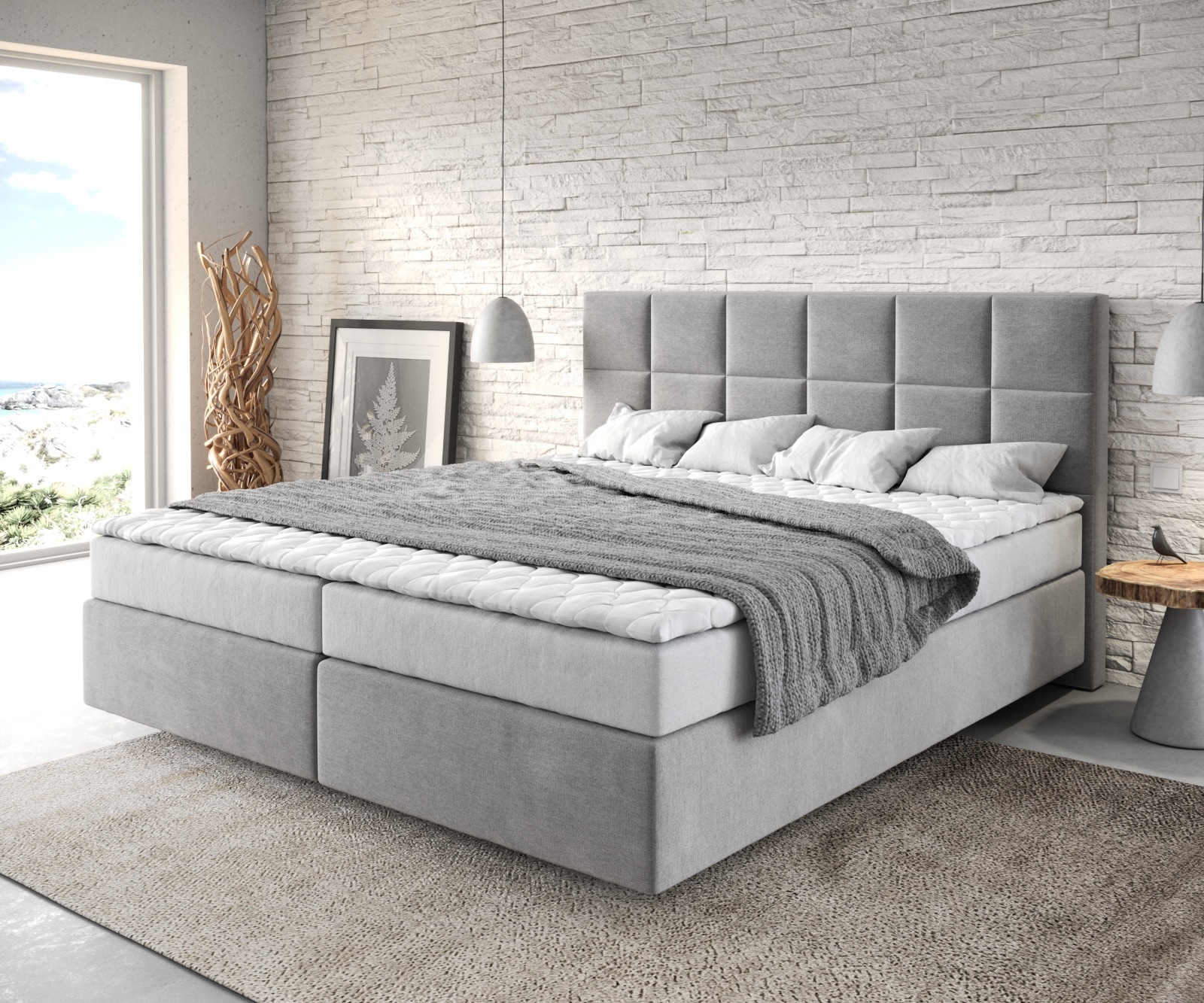 Boxspringbett Dream-Fine 180x200 cm Mikrofaser Grau mit Matratze und Topper von DELIFE