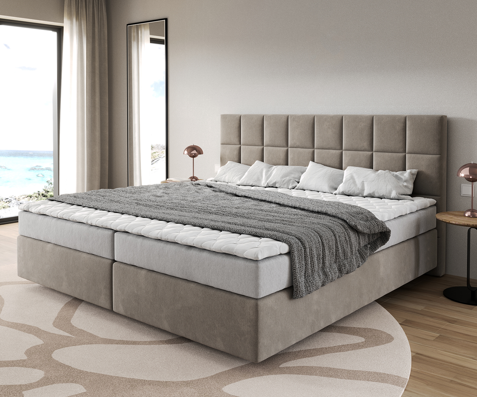 Boxspringbett Dream-Fine Mikrofaser Beige 200x200 cm Bonell-Matratze PU-Topper von DELIFE