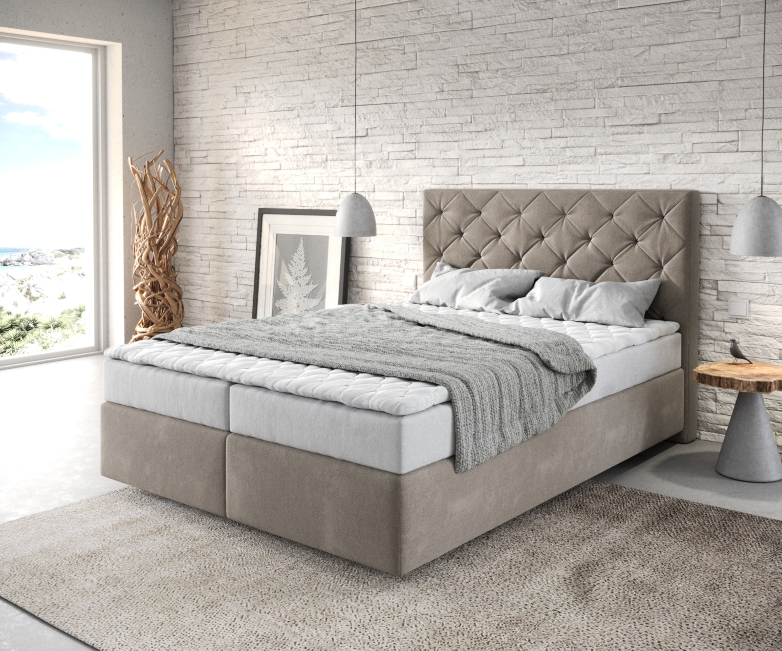 Boxspringbett Dream-Great 140x200 cm Mikrofaser Beige mit Matratze und Topper von DELIFE