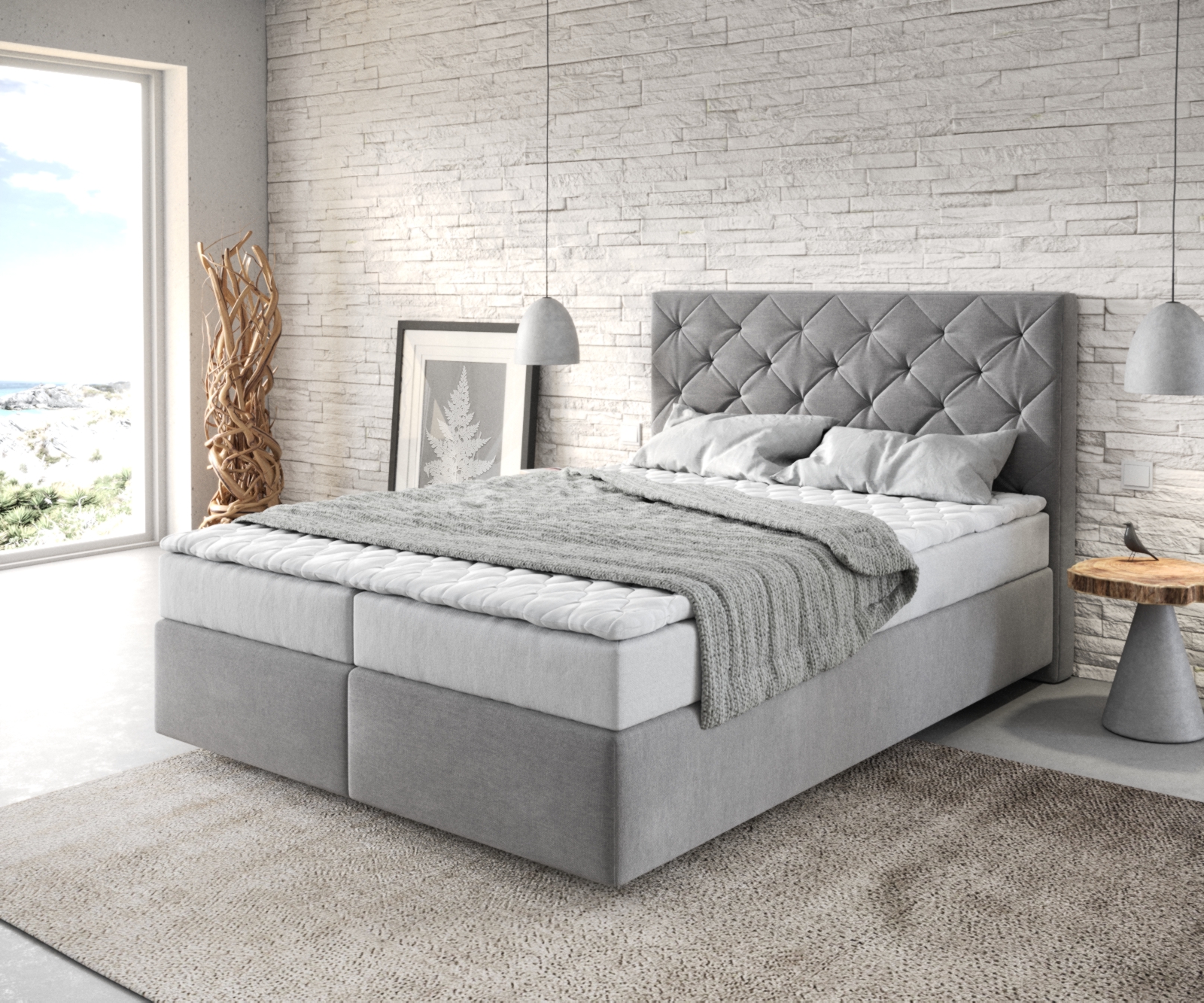 Boxspringbett Dream-Great 140x200 cm Mikrofaser Grau mit Matratze und Topper von DELIFE