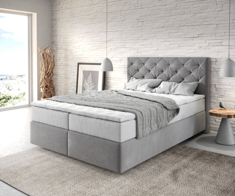 Boxspringbett Dream-Great 140x200 cm Mikrofaser Grau mit TFK Matratze und Visco Topper von DELIFE