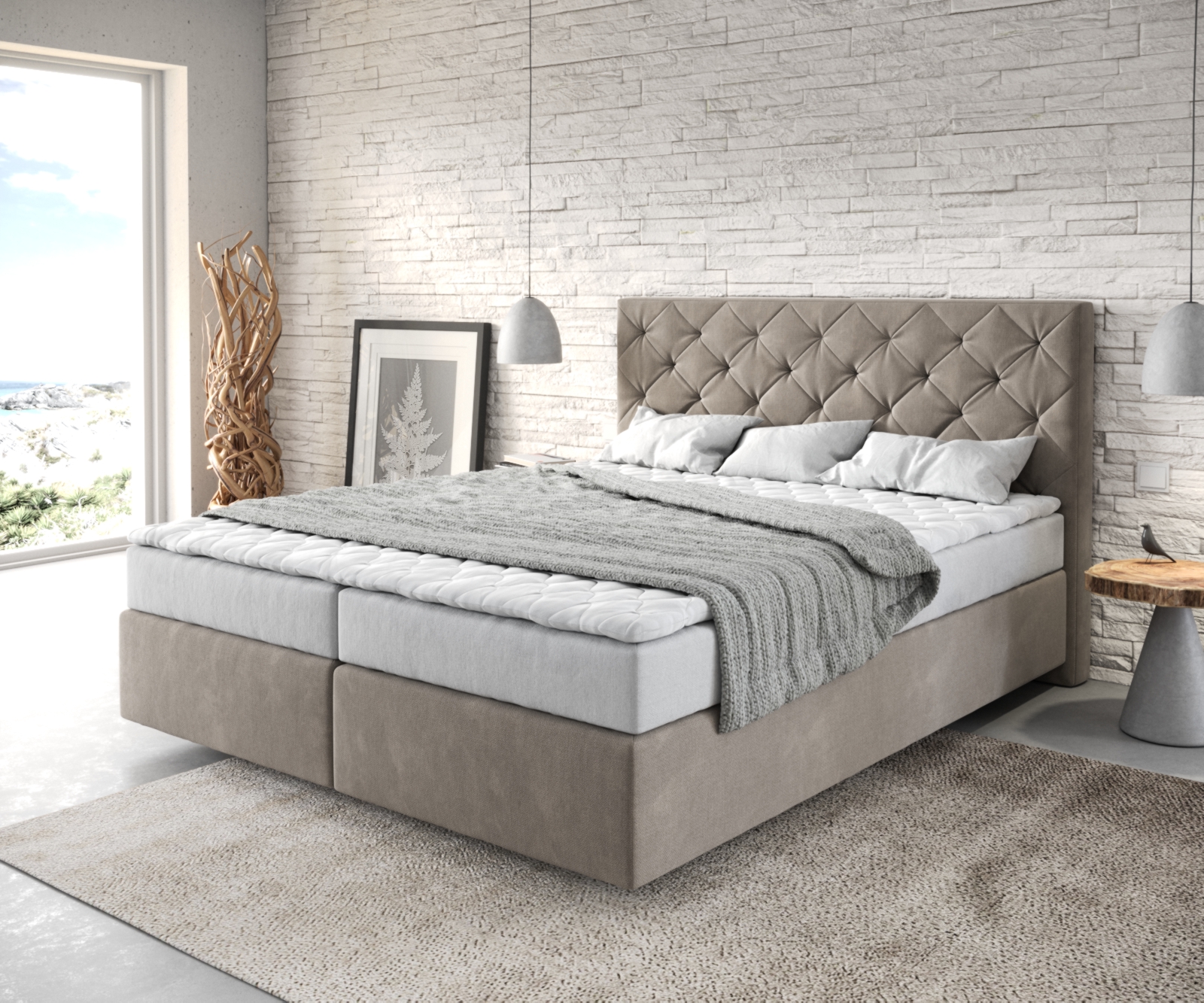 Boxspringbett Dream-Great 160x200 cm Mikrofaser Beige mit Matratze und Topper von DELIFE