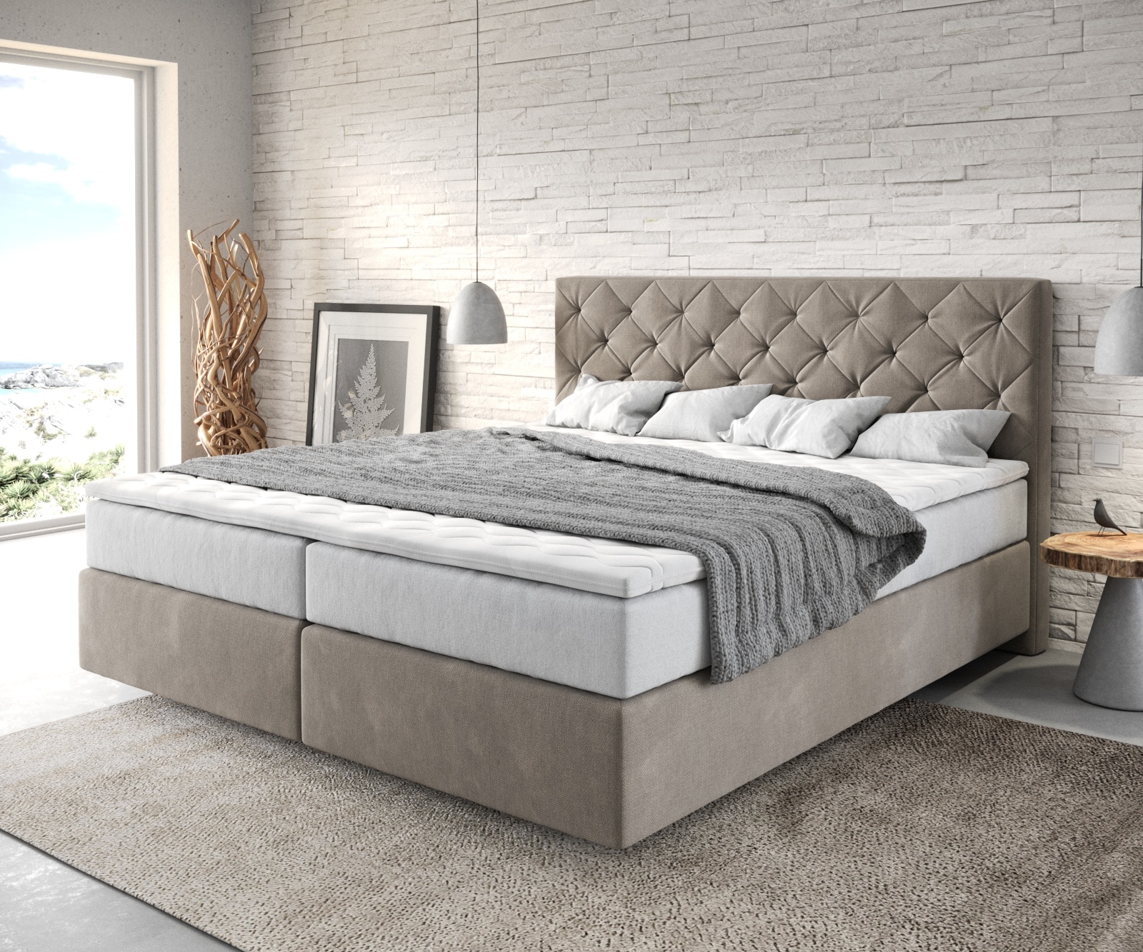 Boxspringbett Dream-Great 180x200 cm Mikrofaser Beige mit TFK Matratze und Visco Topper von DELIFE