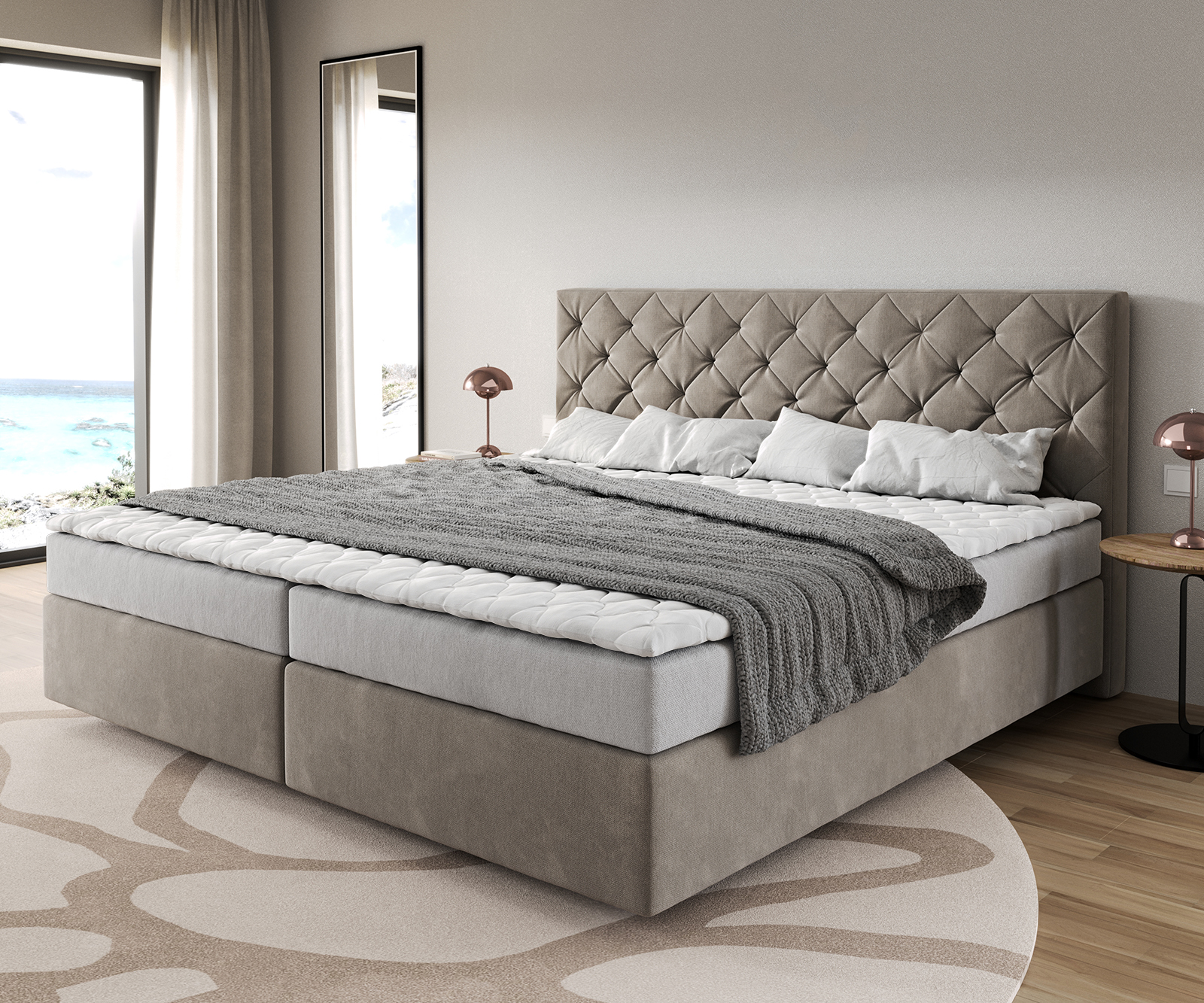 Boxspringbett Dream-Great Mikrofaser Beige 200x200 cm Bonell-Matratze PU-Topper von DELIFE