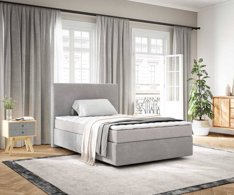 Boxspringbett Dream-Well 120x200 cm Cord Silbergrau mit Matratze und Topper von DELIFE