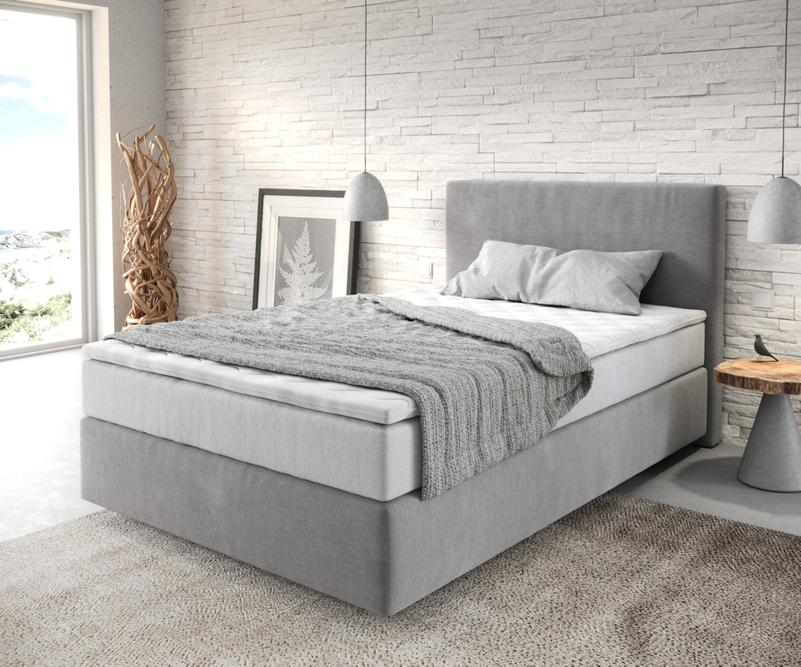 Boxspringbett Dream-Well 120x200 cm Mikrofaser Grau mit TFK Matratze und Visco Topper von DELIFE