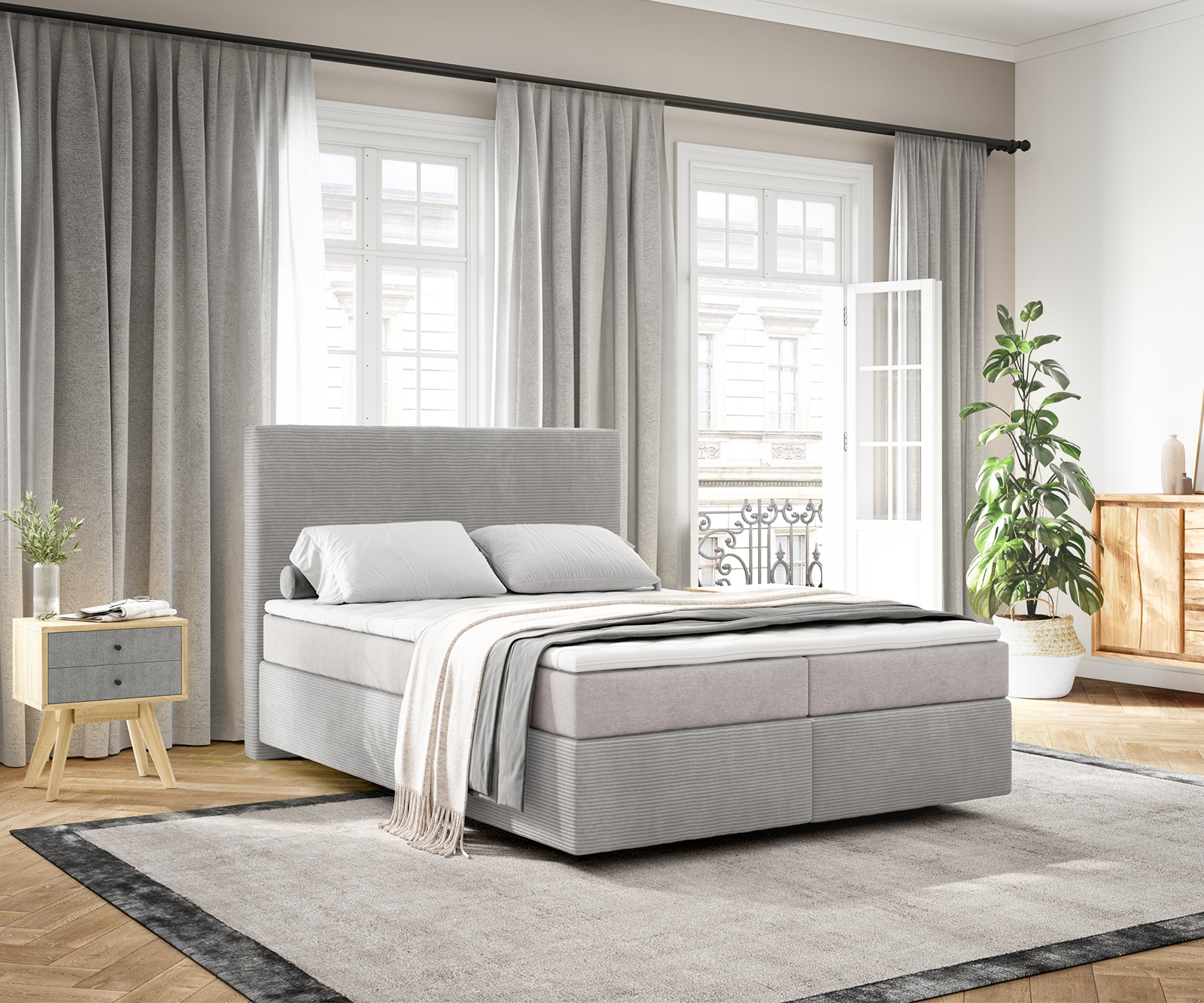 Boxspringbett Dream-Well 140x200 cm Cord Silbergrau mit Taschenfederkernmatratze und Topper Visco von DELIFE