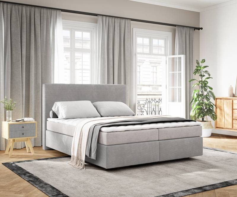 Boxspringbett Dream-Well 160x200 cm Cord Silbergrau mit Matratze und Topper von DELIFE