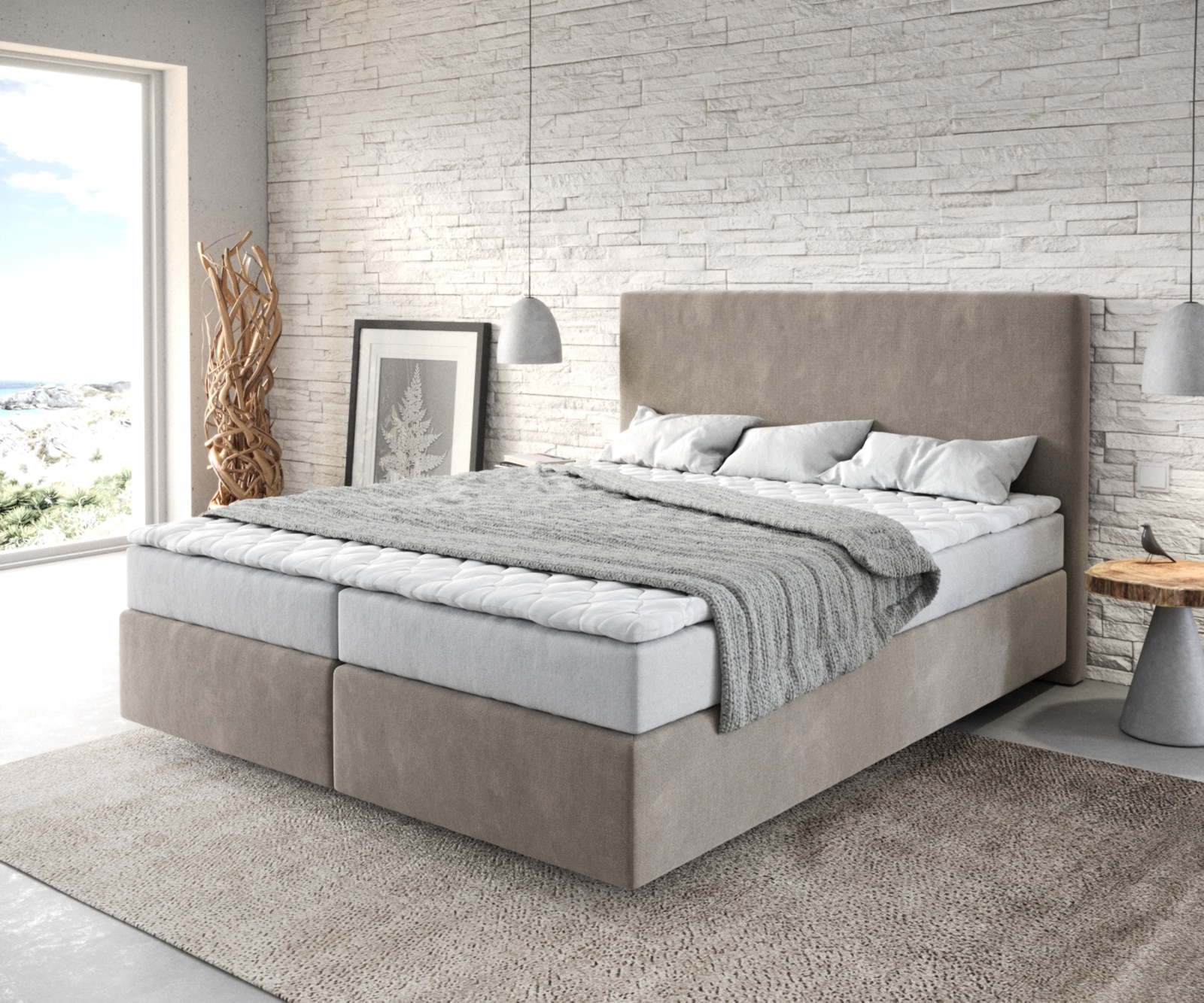 Boxspringbett Dream-Well 160x200 cm Mikrofaser Beige mit Matratze und Topper Boxspringbett Dream-Well 160x200 cm Mikrofaser Beige mit Matratze und Topper von DELIFE