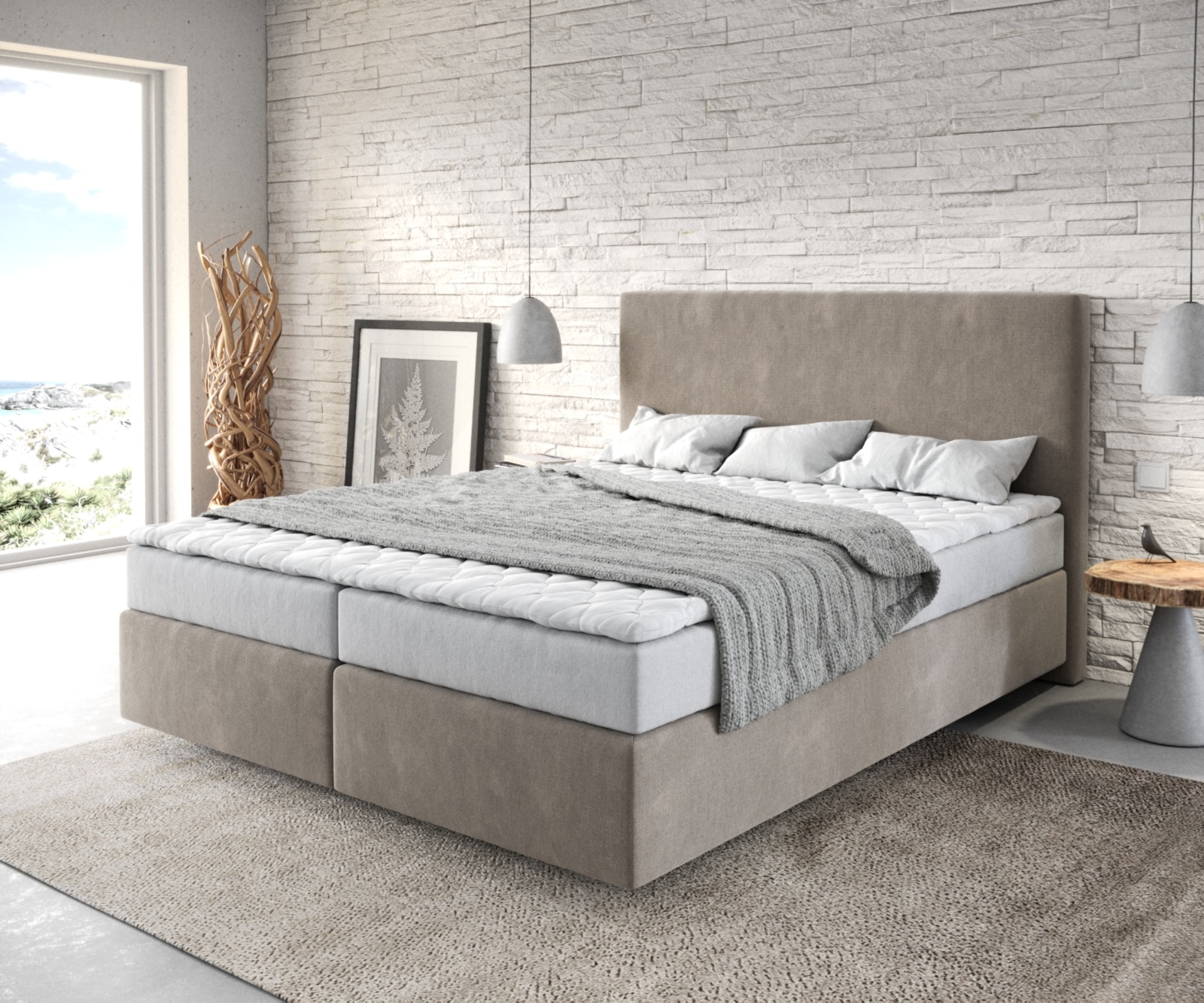 Boxspringbett Dream-Well 160x200 cm Mikrofaser Beige mit Matratze und Topper von DELIFE