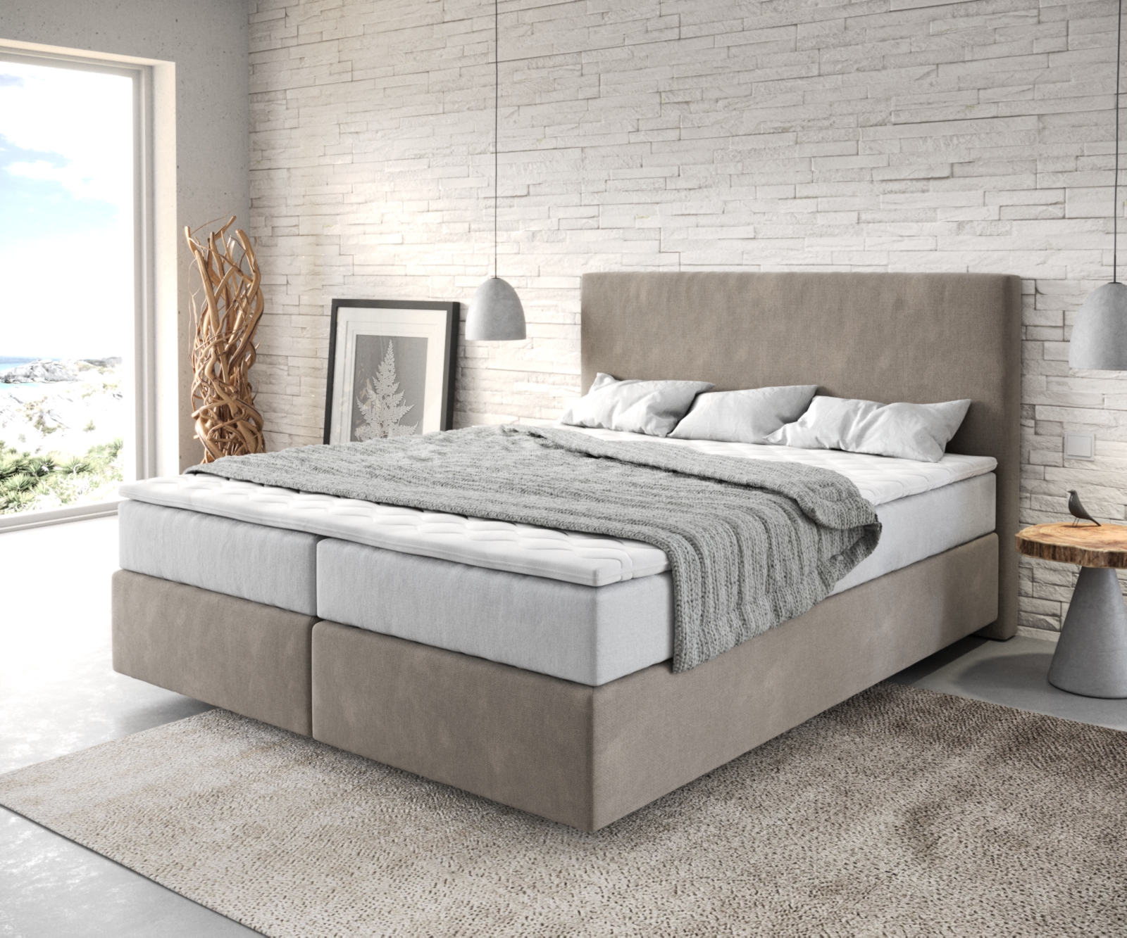 Boxspringbett Dream-Well 160x200 cm Mikrofaser Beige mit TFK Matratze und Visco Topper von DELIFE