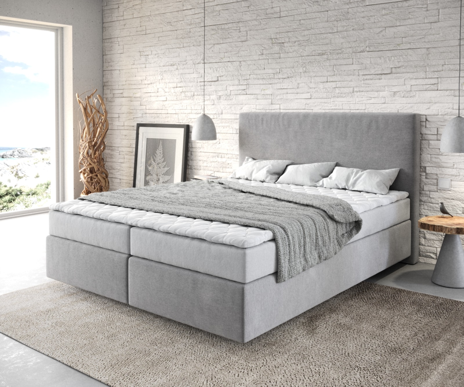 Boxspringbett Dream-Well 160x200 cm Mikrofaser Grau mit Matratze und Topper von DELIFE