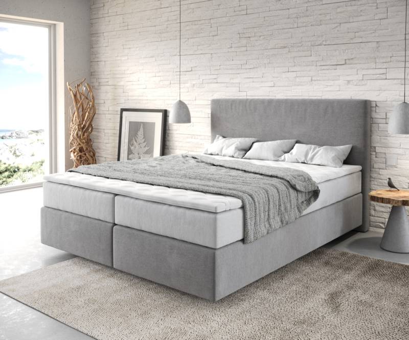 Boxspringbett Dream-Well 160x200 cm Mikrofaser Grau mit TFK Matratze und Visco Topper von DELIFE