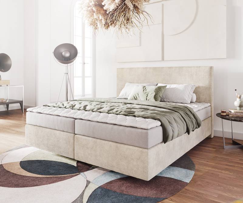 Boxspringbett Dream-Well 180x200 cm Cord Beige mit Matratze und Topper von DELIFE