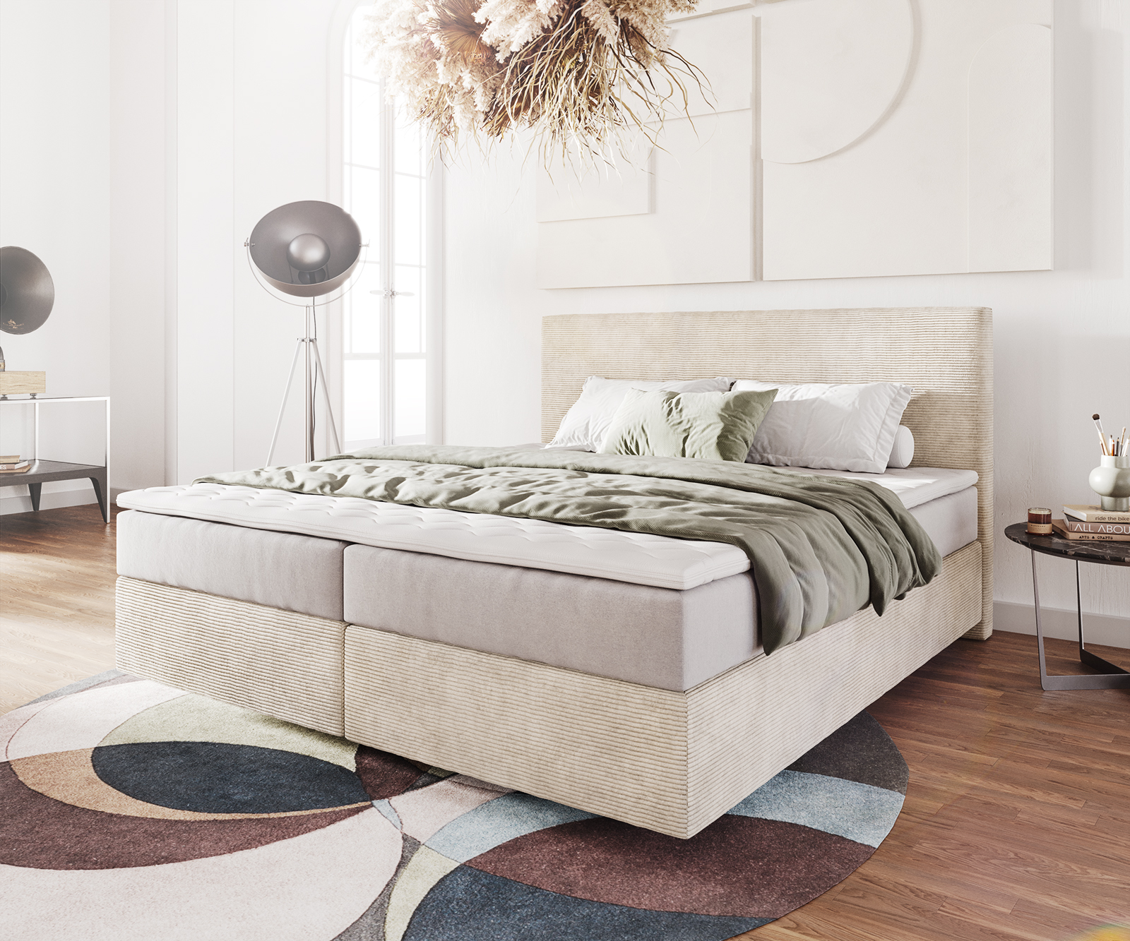 Boxspringbett Dream-Well 180x200 cm Cord Beige mit Taschenfederkernmatratze und Topper Visco von DELIFE