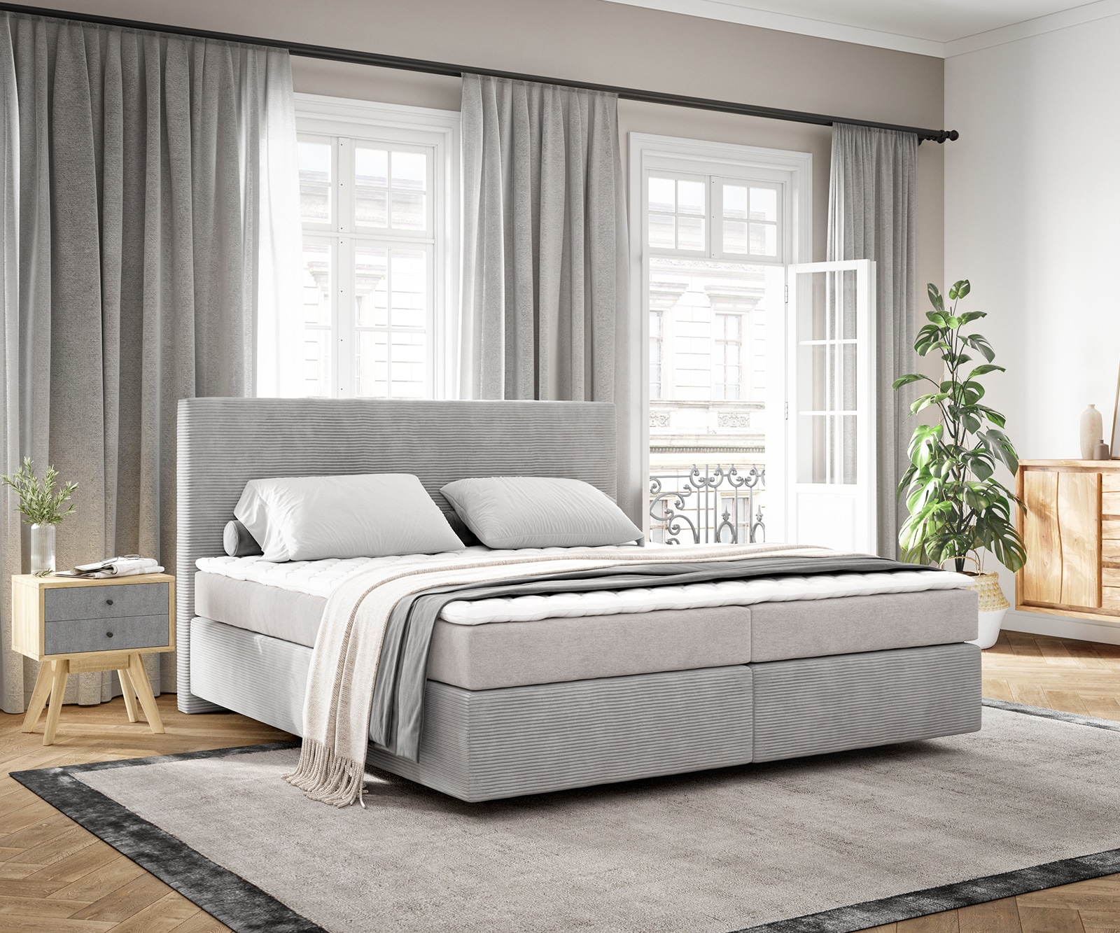 Boxspringbett Dream-Well 180x200 cm Cord Silbergrau mit Matratze und Topper von DELIFE