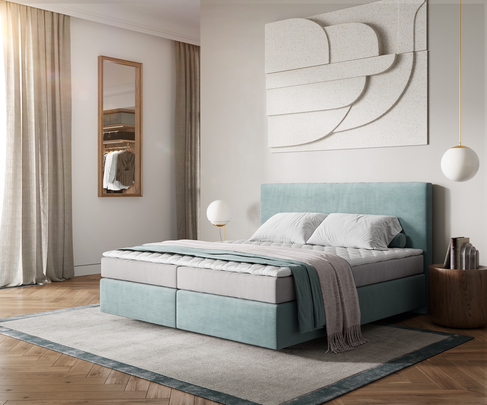 Boxspringbett Dream-Well 180x200 cm Cord Pastellblau mit Matratze und Topper von DELIFE