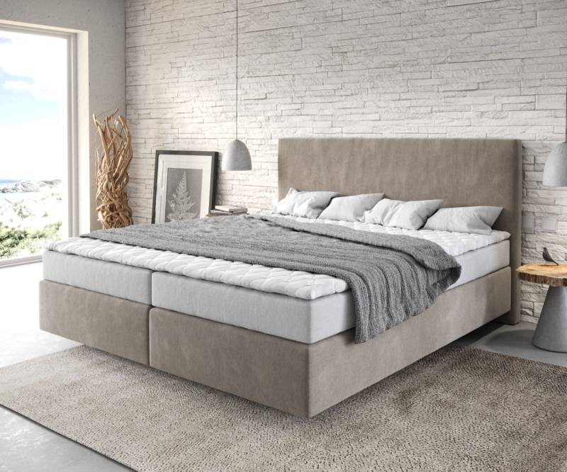 Boxspringbett Dream-Well 180x200 cm Mikrofaser Beige mit Matratze und Topper von DELIFE