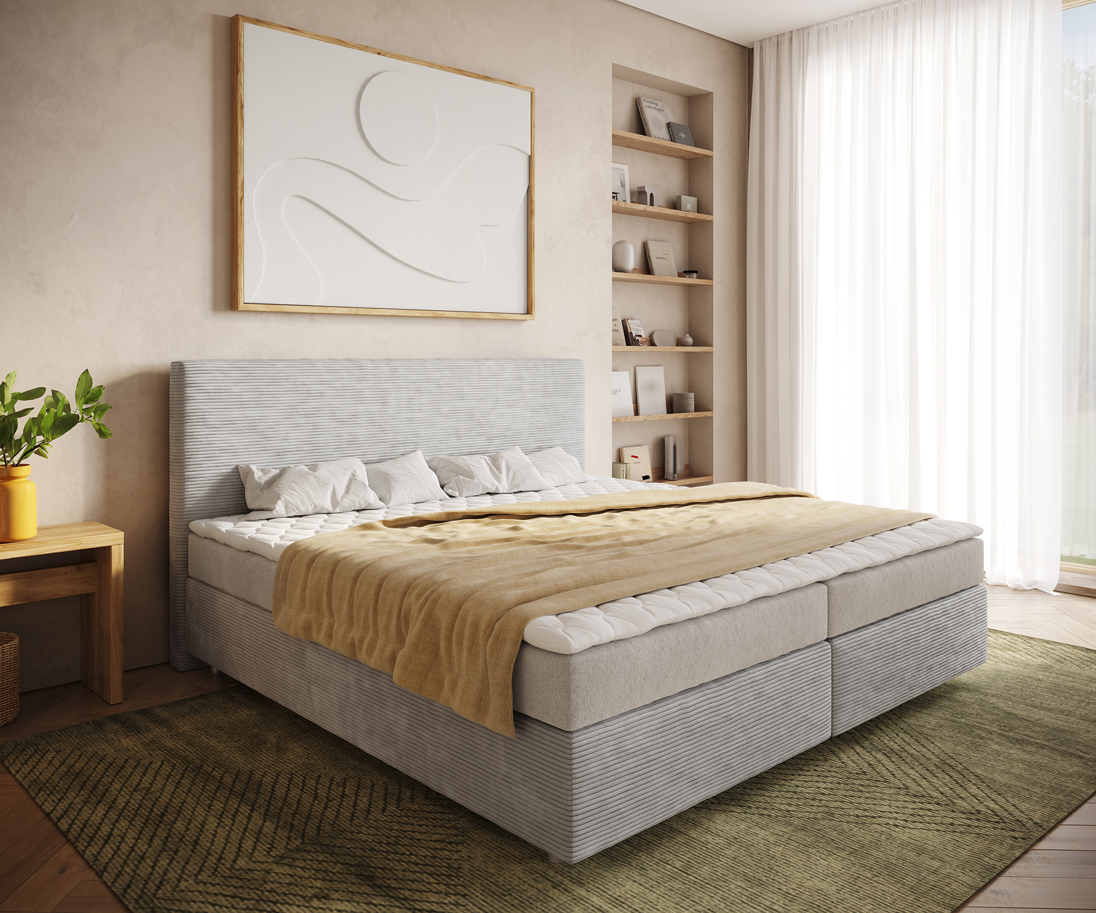 Boxspringbett Dream-Well Cord Silbergrau 200x200 cm Bonell-Matratze PU-Topper von DELIFE