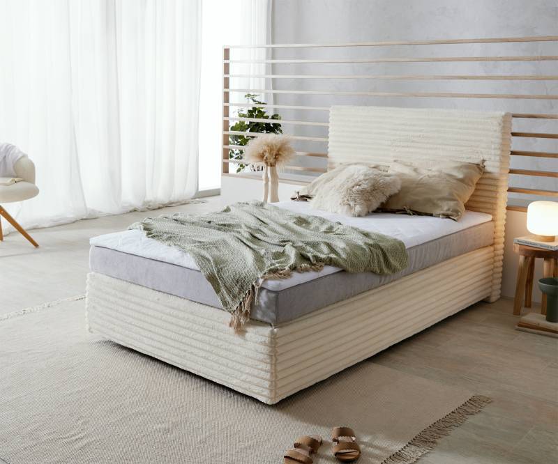 Boxspringbett Dream-Well Plüsch-Cord Beige 120x200 cm Bonell-Matratze PU-Topper von DELIFE