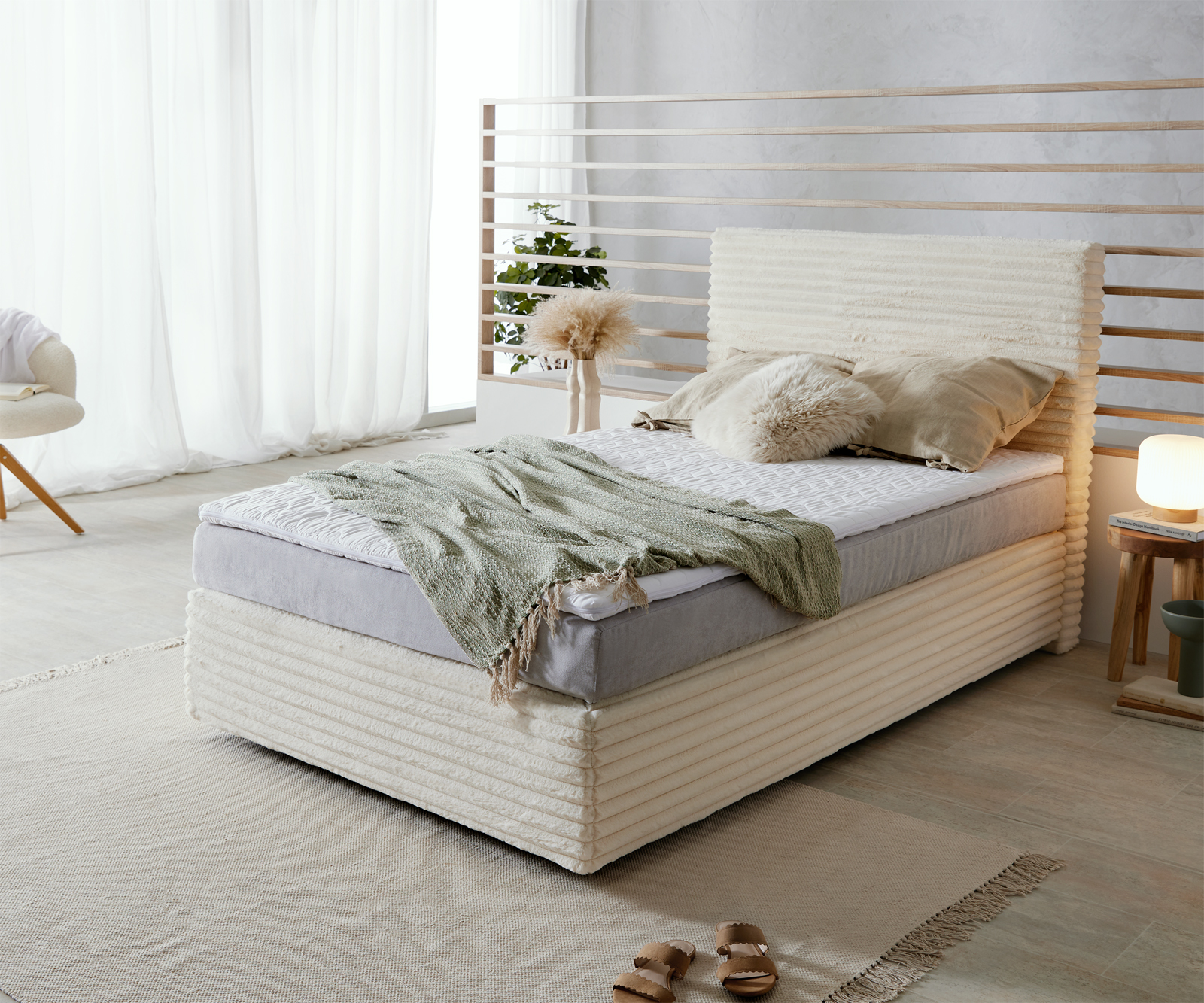 Boxspringbett Dream-Well Plüsch-Cord Beige 120x200 cm TFK-Matratze Visco-Topper von DELIFE