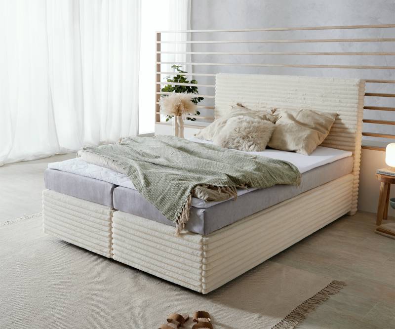 Boxspringbett Dream-Well Plüsch-Cord Beige 140x200 cm Bonell-Matratze PU-Topper von DELIFE