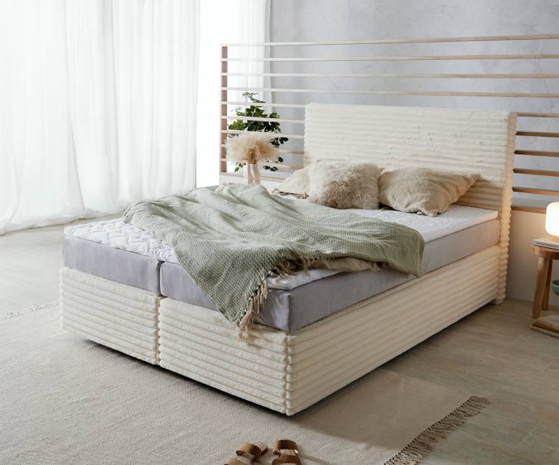 Boxspringbett Dream-Well Plüsch-Cord Beige 140x200 cm TFK-Matratze Visco-Topper von DELIFE