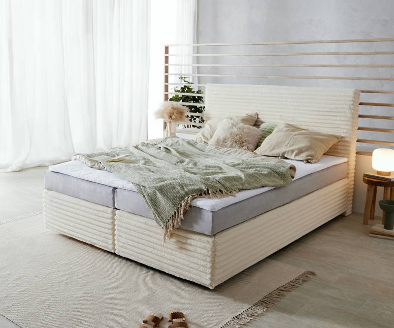 Boxspringbett Dream-Well Plüsch-Cord Beige 160x200 cm Bonell-Matratze PU-Topper von DELIFE