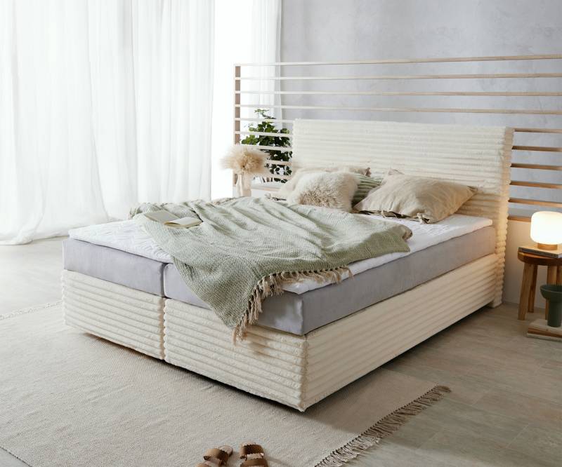 Boxspringbett Dream-Well Plüsch-Cord Beige 160x200 cm TFK-Matratze Visco-Topper von DELIFE