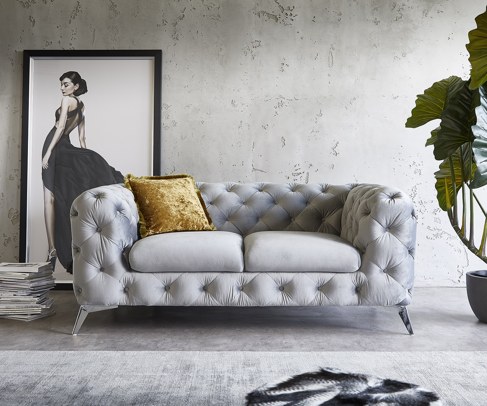 Couch Corleone 185x97 cm Samt Grau Chrome 2-Sitzer Sofa von DELIFE