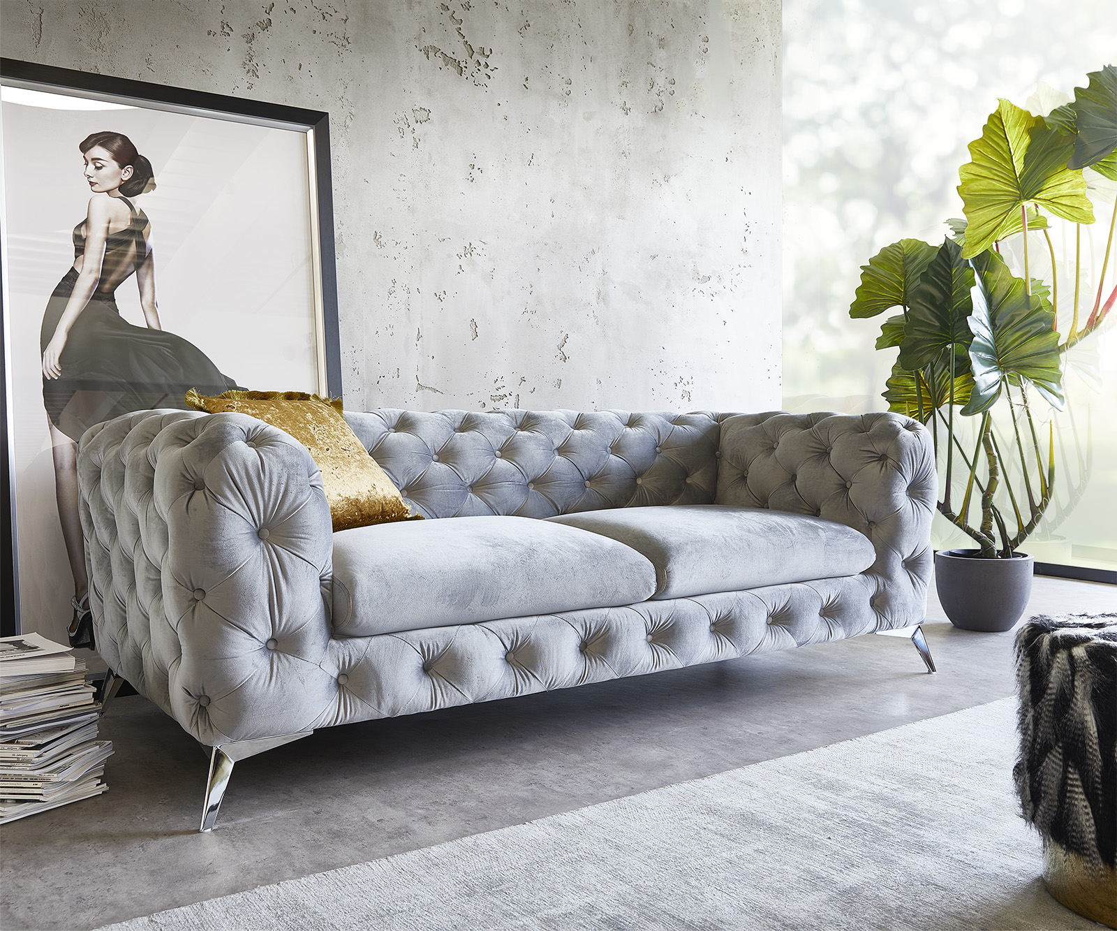 Couch Corleone 225x97 cm Samt Grau 3-Sitzer Sofa von DELIFE