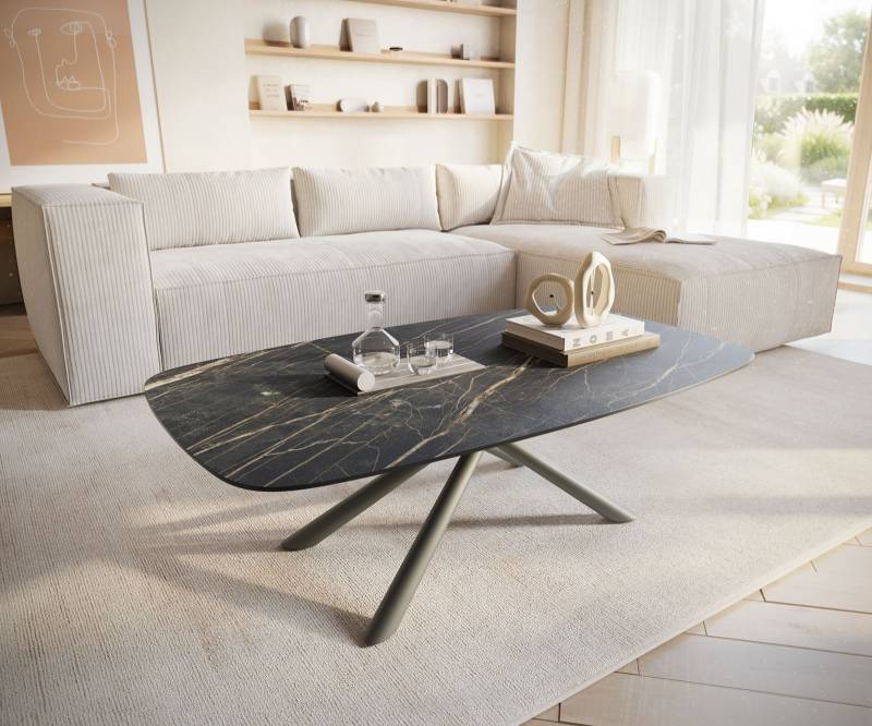 Couchtisch Edge Boot 120x70 cm Keramik Laminam® Noir Desir Braun Sarity Metall Effektfinish Titan von DELIFE