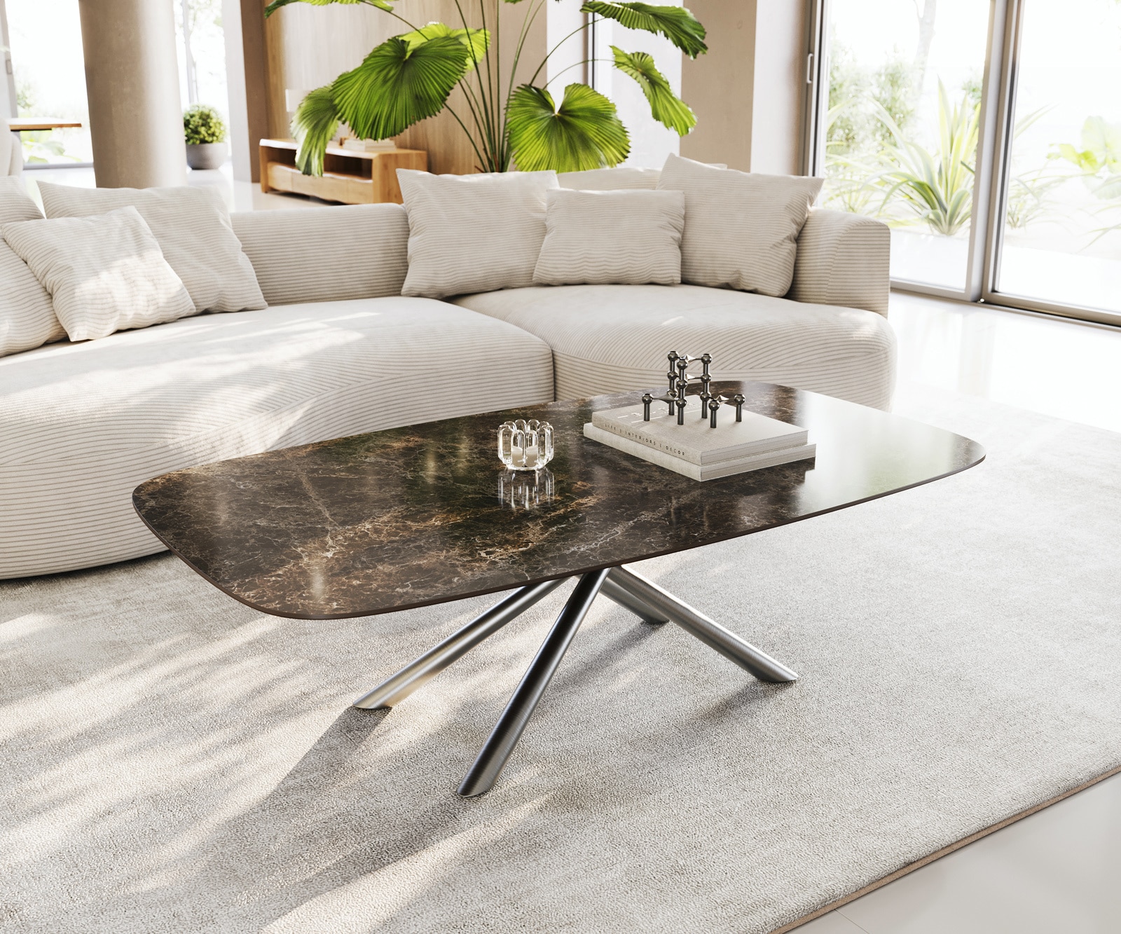 Couchtisch Edge Boot 140x80 cm Keramik Laminam® Emperador Extra Lucidato Dunkelbraun Sarity Edelstahl gebürstet von DELIFE