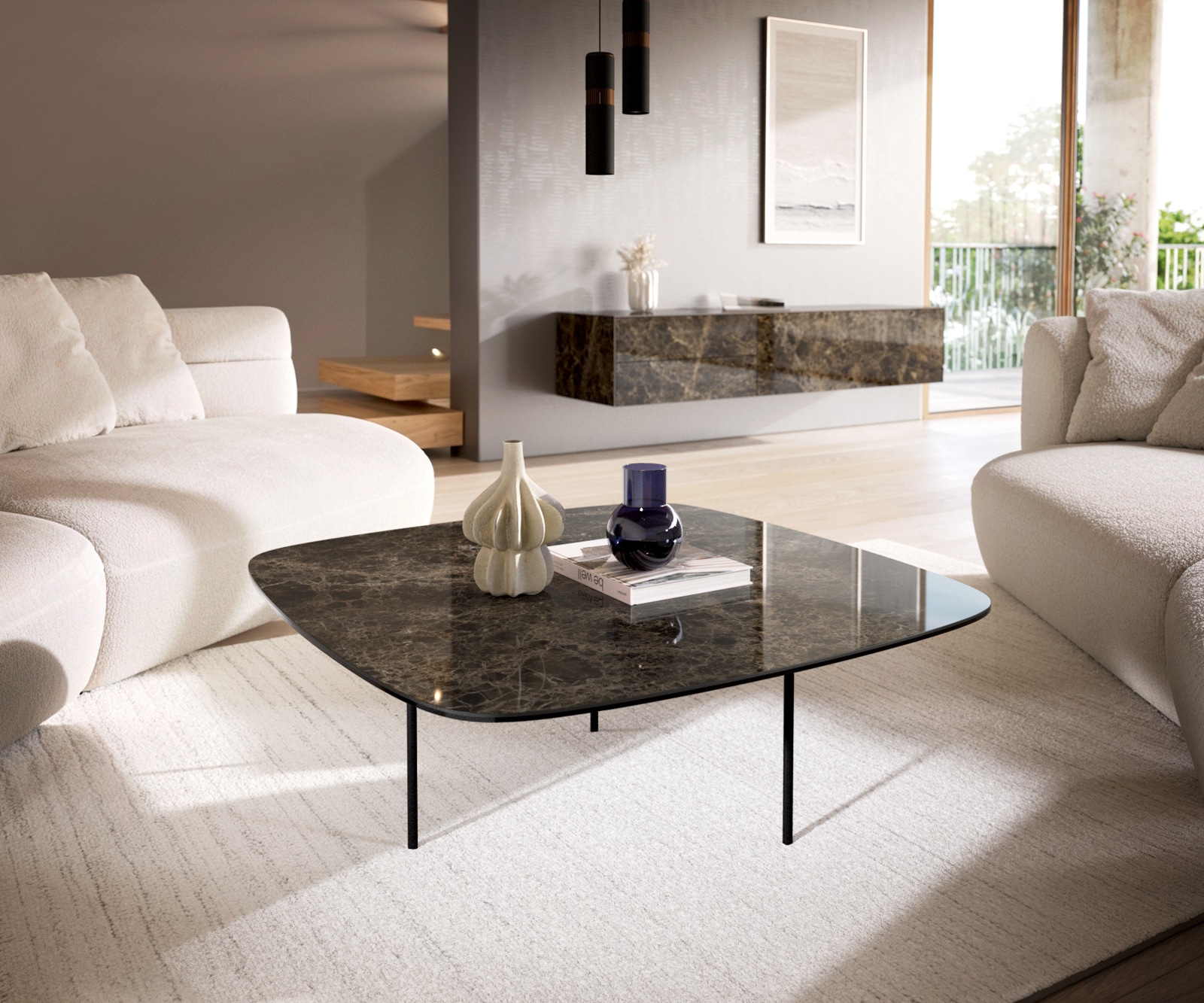 Couchtisch Edge Boot 90x90 cm Keramik Laminam® Emperador Extra Lucidato Dunkelbraun Trive Metall Schwarz von DELIFE
