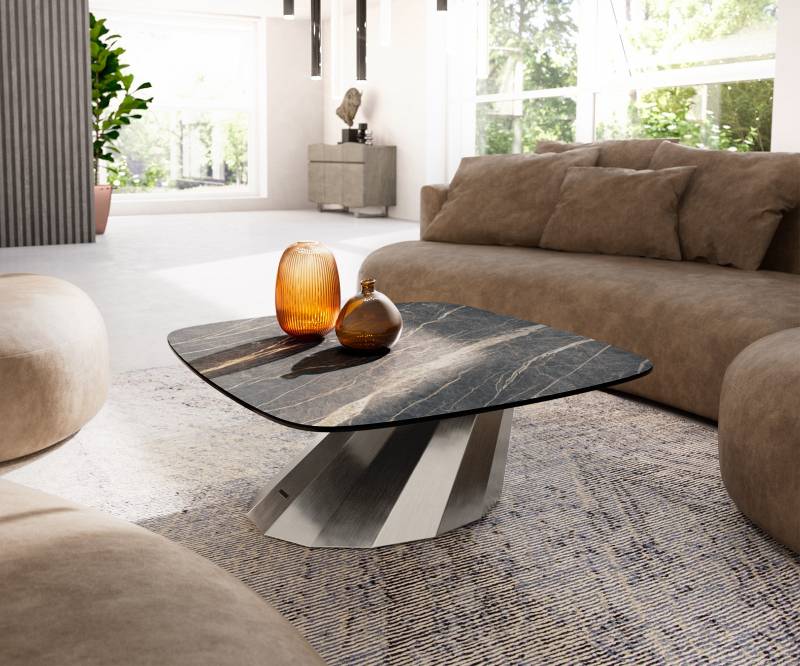 Couchtisch Edge Boot 90x90 cm Keramik Laminam® Noir Desir Braun Parabi Edelstahl gebürstet von DELIFE
