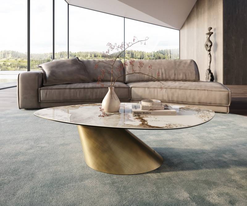 Couchtisch Edge Organisch 140x76 cm Keramik Minas Melange Conis Metallic Gold von DELIFE