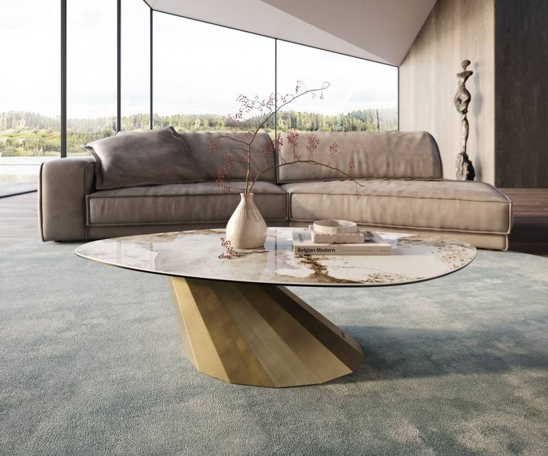 Couchtisch Edge Organisch 140x76 cm Keramik Minas Melange Parabi Metallic Gold von DELIFE