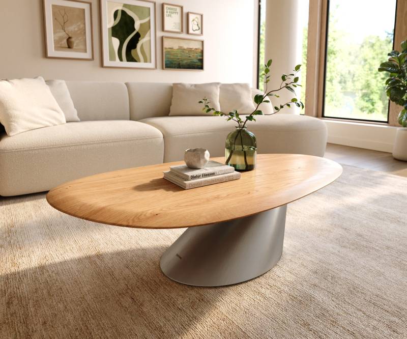 Couchtisch Edge Oval 140x75 cm Eiche Natur Runde Kante Conis Edelstahl gebürstet von DELIFE