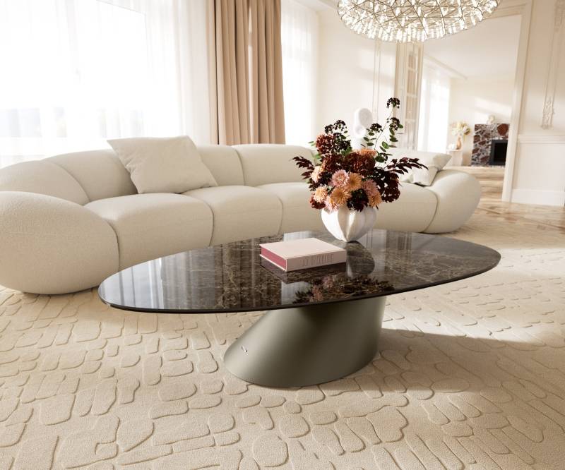 Couchtisch Edge Oval 140x75 cm Keramik Laminam® Emperador Extra Lucidato Dunkelbraun Conis Metall Effektfinish Titan von DELIFE