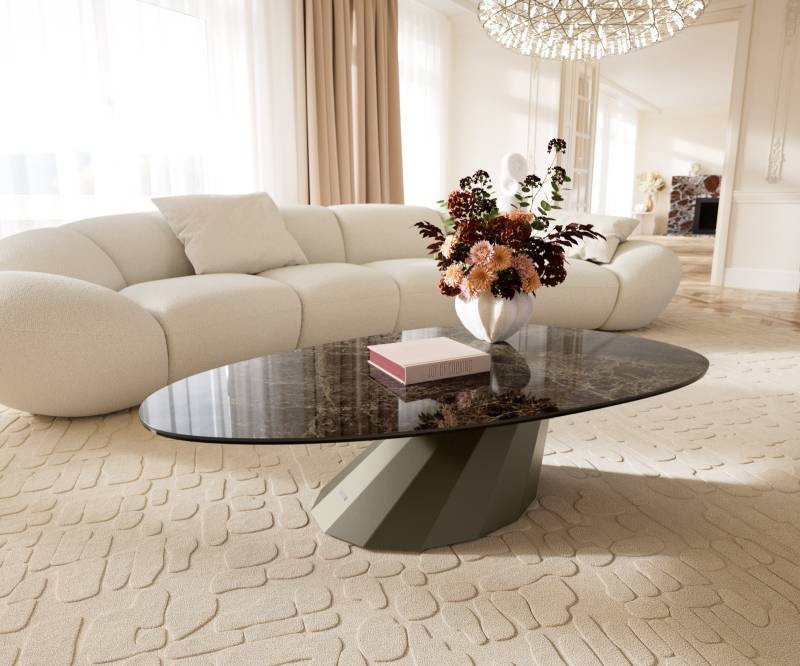 Couchtisch Edge Oval 140x75 cm Keramik Laminam® Emperador Extra Lucidato Dunkelbraun Parabi Metall Effektfinish Titan von DELIFE