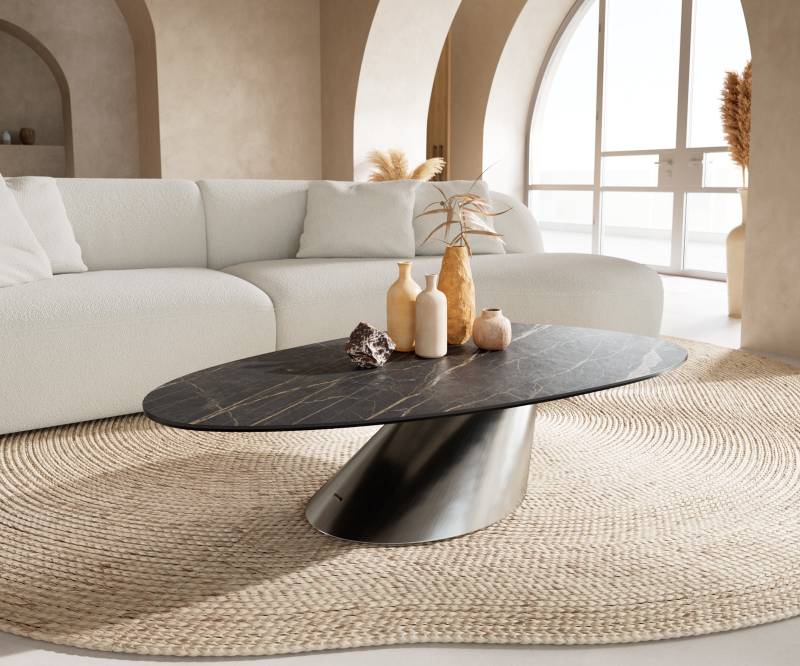 Couchtisch Edge Oval 140x75 cm Keramik Laminam® Noir Desir Braun Conis Edelstahl gebürstet von DELIFE