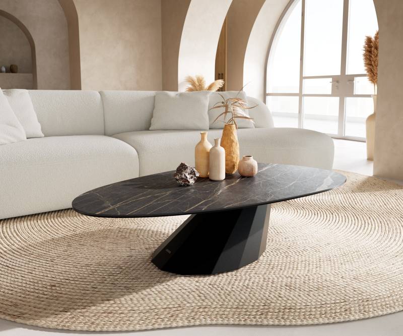 Couchtisch Edge Oval 140x75 cm Keramik Laminam® Noir Desir Braun Parabi Metall Schwarz von DELIFE