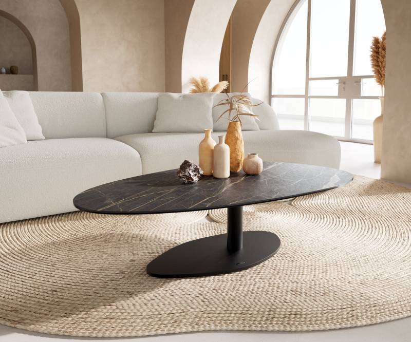 Couchtisch Edge Oval 140x75 cm Keramik Laminam® Noir Desir Braun Vibany Metall Schwarz von DELIFE