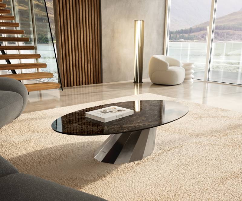 Couchtisch Edge Oval 140x80 cm Keramik Laminam® Emperador Extra Lucidato Dunkelbraun Parabi Edelstahl gebürstet von DELIFE