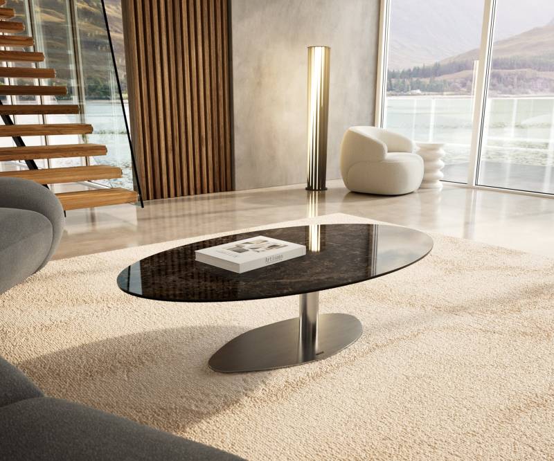 Couchtisch Edge Oval 140x80 cm Keramik Laminam® Emperador Extra Lucidato Dunkelbraun Vibany Edelstahl gebürstet von DELIFE
