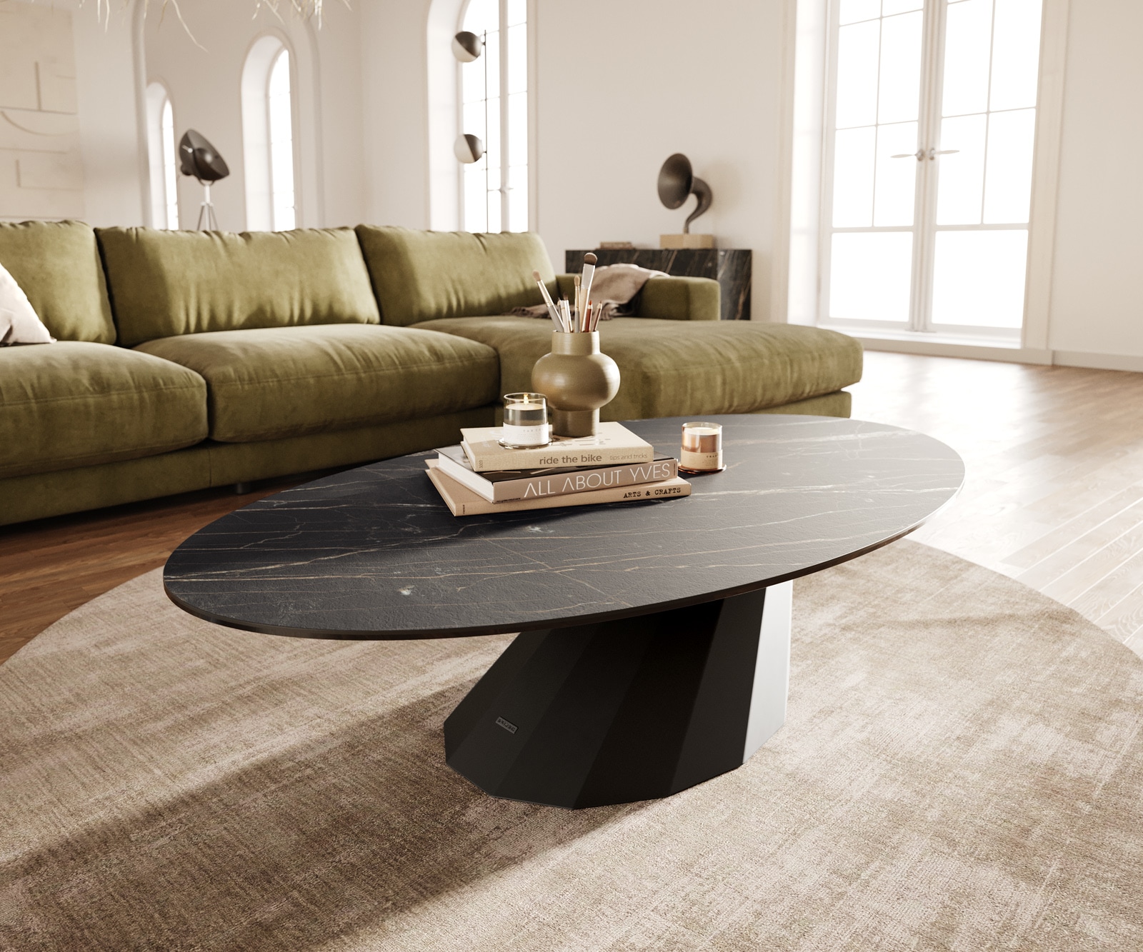 Couchtisch Edge Oval 140x80 cm Keramik Laminam® Noir Desir Braun Parabi Metall Schwarz von DELIFE
