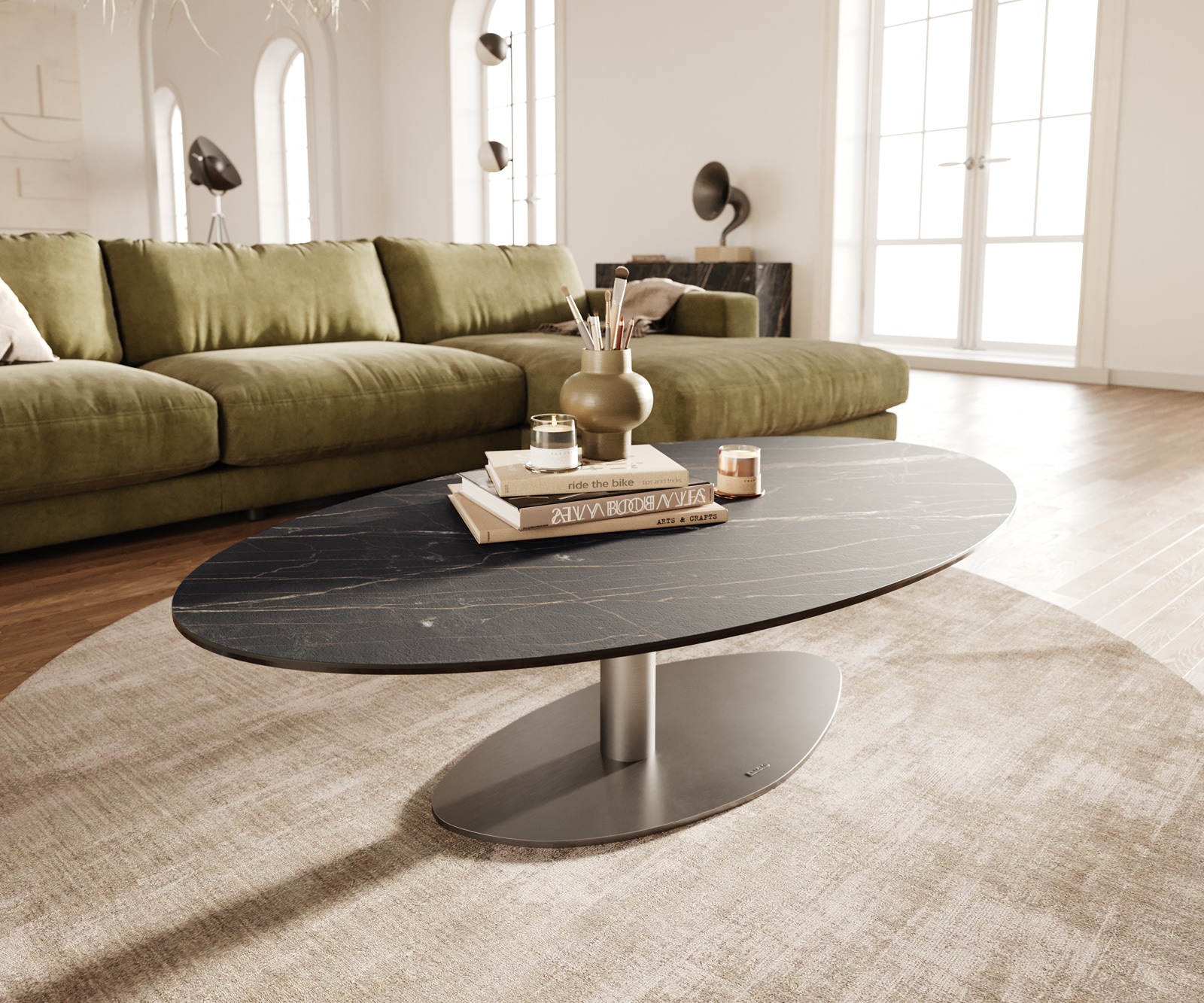Couchtisch Edge Oval 140x80 cm Keramik Laminam® Noir Desir Braun Vibany Edelstahl gebürstet von DELIFE