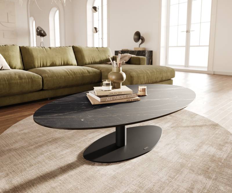 Couchtisch Edge Oval 140x80 cm Keramik Laminam® Noir Desir Braun Vibany Metall Schwarz von DELIFE